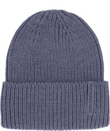 WoolBlendBeanie- Blue knit beanie with a brand label on a white background