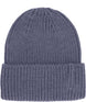 WoolBlendBeanie- Blue knit beanie with a brand label on a white background