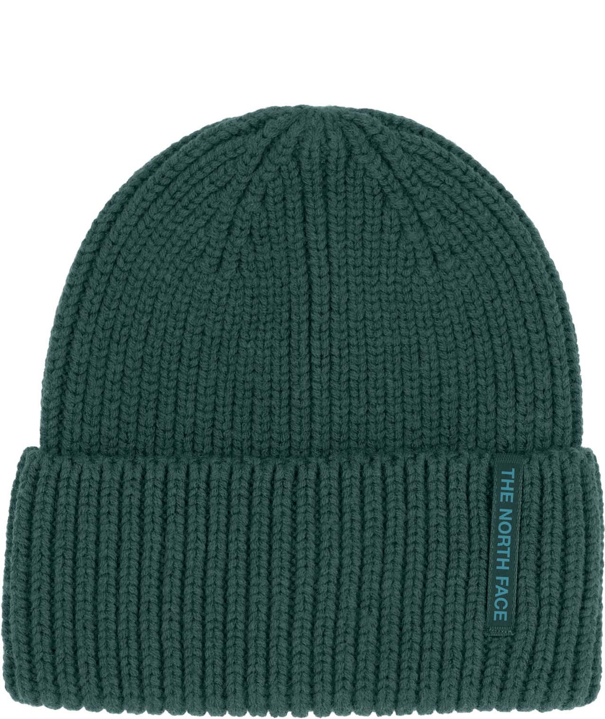 WoolBlendBeanie-Green knit beanie with The North Face logo on a white background