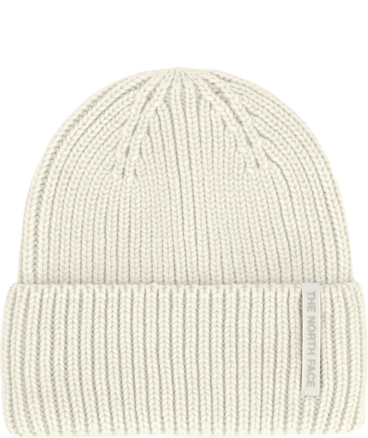 WoolBlendBeanie- White knit beanie with a brand label on a white background