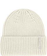 WoolBlendBeanie- White knit beanie with a brand label on a white background