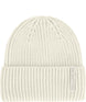 WoolBlendBeanie- White knit beanie with a brand label on a white background
