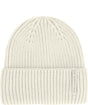 WoolBlendBeanie- White knit beanie with a brand label on a white background