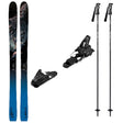 Wunderstick100w_Strive14-A ski equipment set on a plain white background, including a pair of skis with a dark mountain graphic fading to bright blue at the bottom, two black ski bindings, and two black ski poles with white branding.