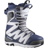 XApproachLaceSjBOA- Blue, white, and black lace snowboard boot with a boa on the right side on a white background