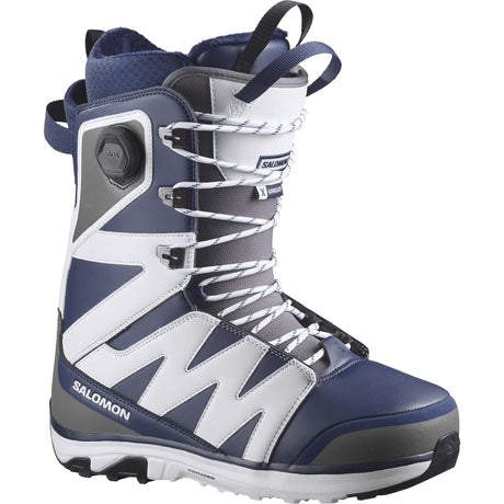XApproachLaceSjBOA- Blue, white, and black lace snowboard boot with a boa on the right side on a white background
