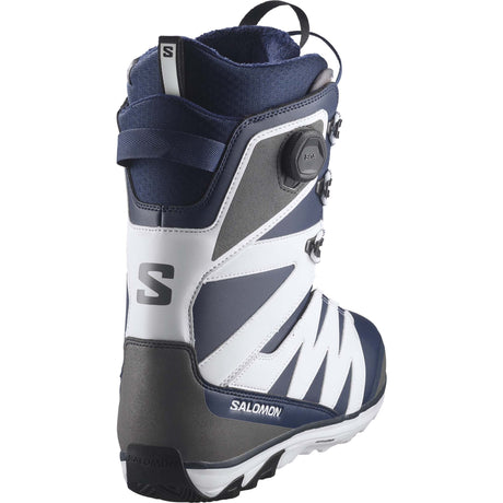 XApproachLaceSjBOA- Blue, white, and black lace snowboard boot with a boa on the right side on a white background