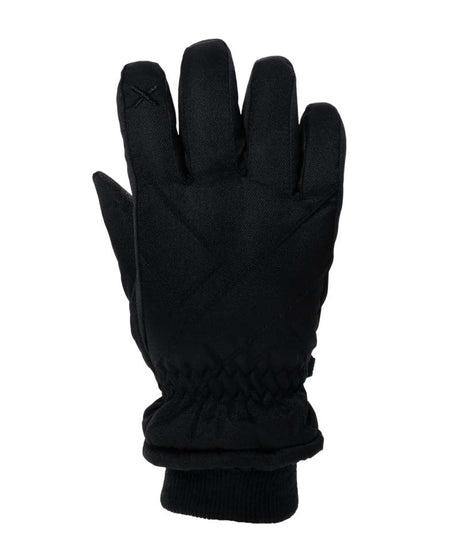 XpressIIGlove-A single black winter glove shown from the back, featuring a textured knit body, elasticized wrist opening, and a small stitched cross detail on the index finger, set against a plain white background.