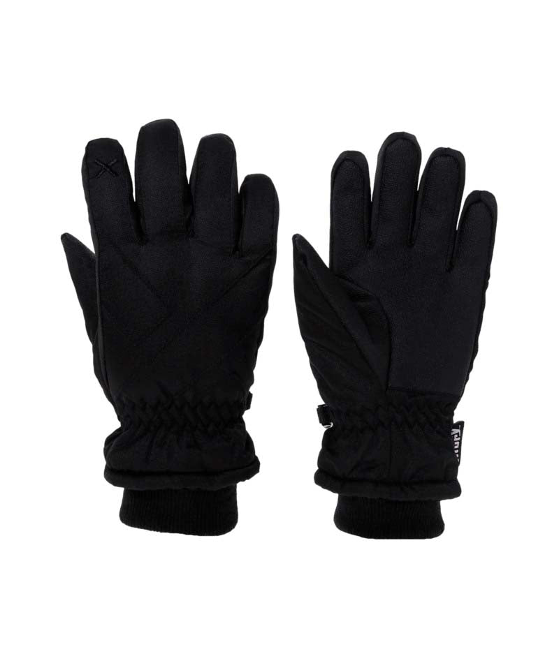 XpressIIGlove-A pair of black winter gloves shown from the back, featuring quilted stitching and elasticized cuffs, set against a plain white background.