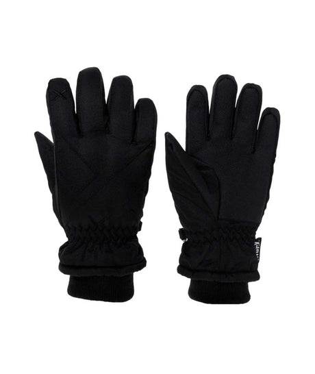 XpressIIGlove-A pair of black winter gloves shown from the back, featuring quilted stitching and elasticized cuffs, set against a plain white background.