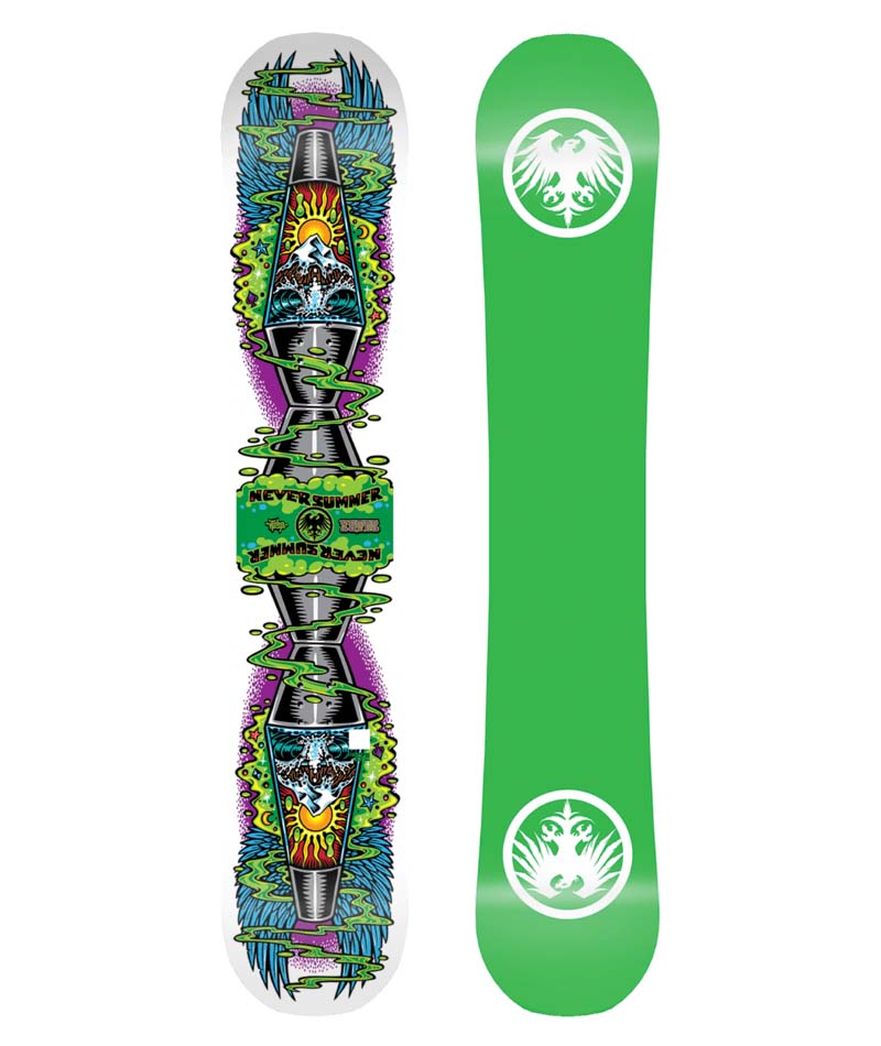 YUTES- Multicolored snowboard with a green base on a white background