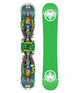 YUTES- Multicolored snowboard with a green base on a white background
