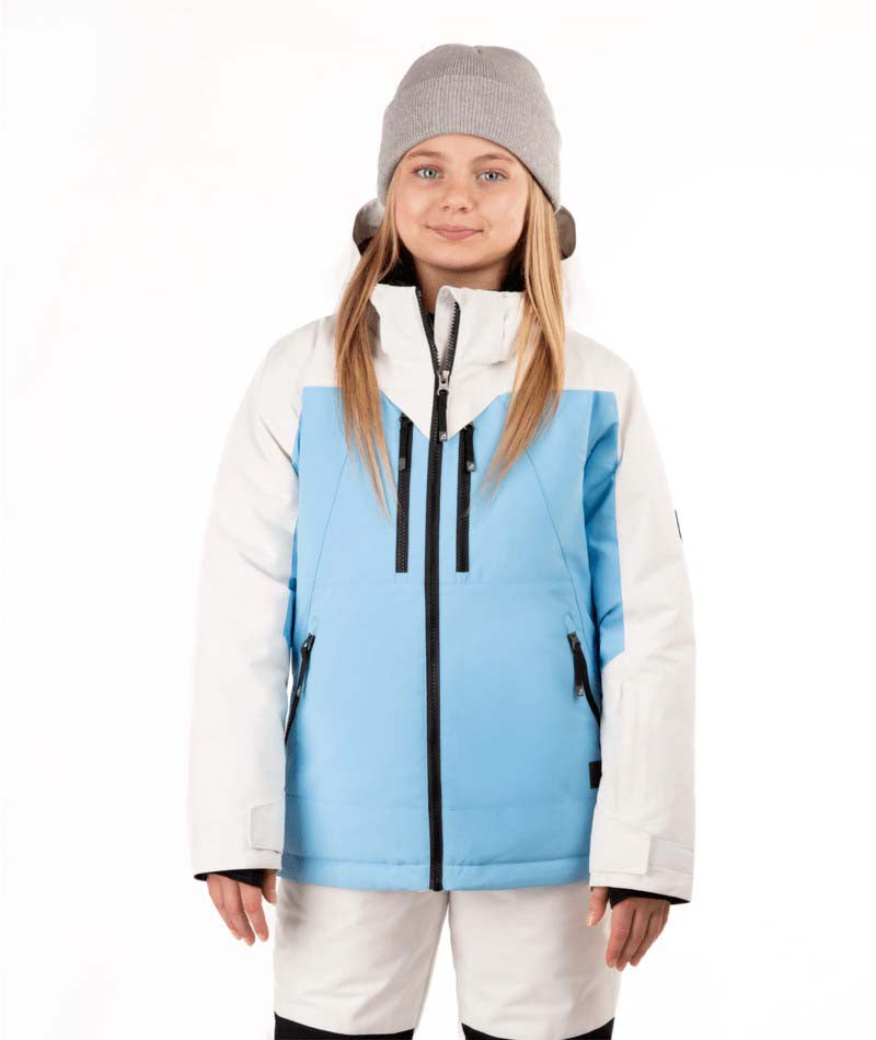 YouthAndieJacket-Child wearing a light blue and white jacket with a gray beanie on a white background