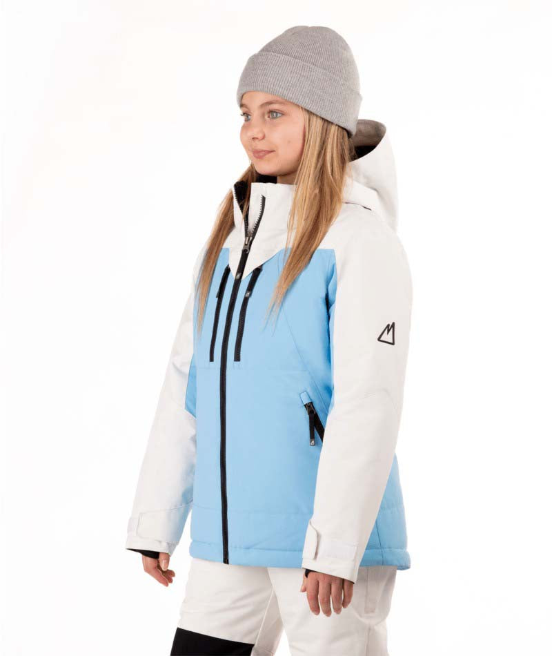 YouthAndieJacket-Child wearing a light blue and white jacket with a gray beanie on a white background