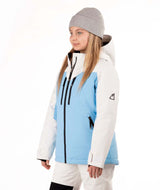 YouthAndieJacket-Child wearing a light blue and white jacket with a gray beanie on a white background