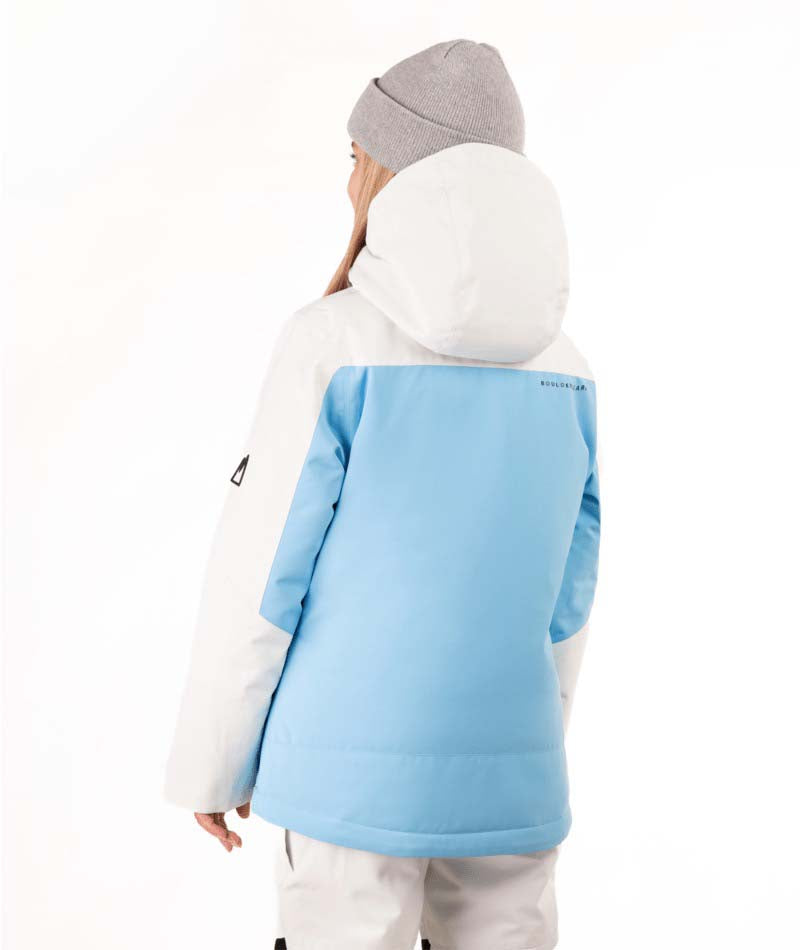 YouthAndieJacket-Child wearing a light blue and white jacket with a gray beanie on a white background