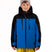 YouthBlakeJacket-Child wearing a black and blue jacket with yellow pants on a white background