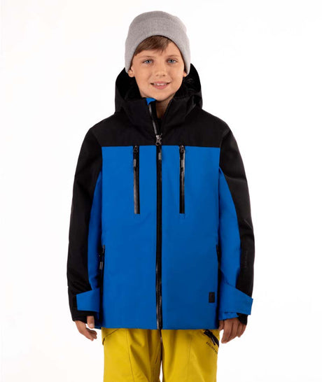 YouthBlakeJacket-Child wearing a black and blue jacket with yellow pants on a white background