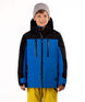YouthBlakeJacket-Child wearing a black and blue jacket with yellow pants on a white background