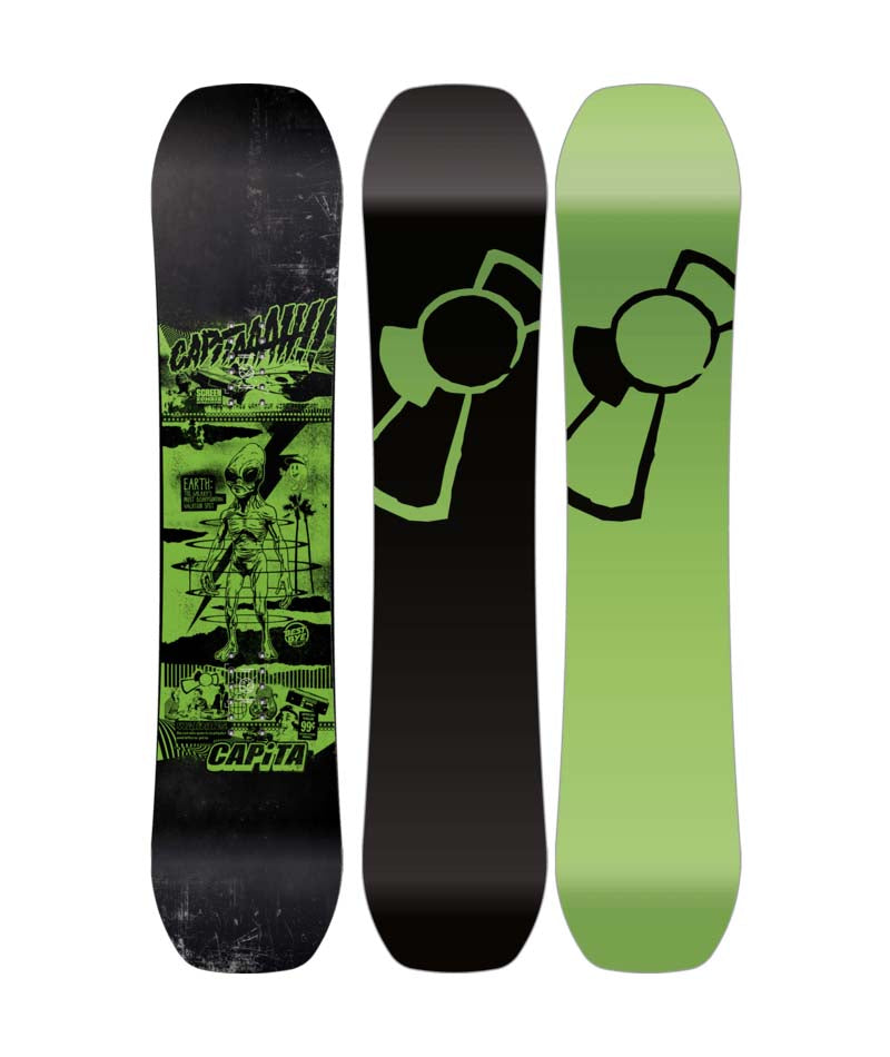 YouthBridageMini- Two views of a  snowboard deck with different designs on a white background