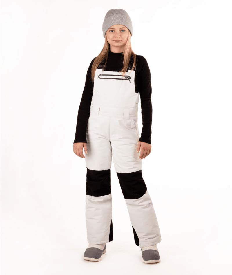 YouthCooperBib-Person wearing a black long-sleeve shirt, gray beanie, white bib overalls, and gray shoes on a white background