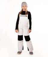 YouthCooperBib-Person wearing a black long-sleeve shirt, gray beanie, white bib overalls, and gray shoes on a white background