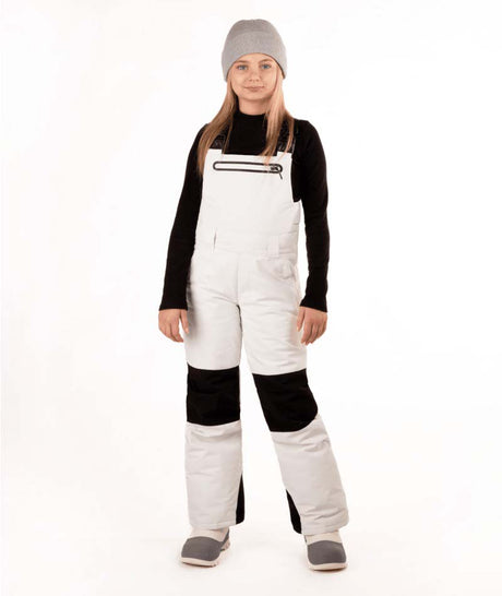 YouthCooperBib-Person wearing a black long-sleeve shirt, gray beanie, white bib overalls, and gray shoes on a white background