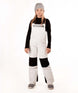 YouthCooperBib-Person wearing a black long-sleeve shirt, gray beanie, white bib overalls, and gray shoes on a white background