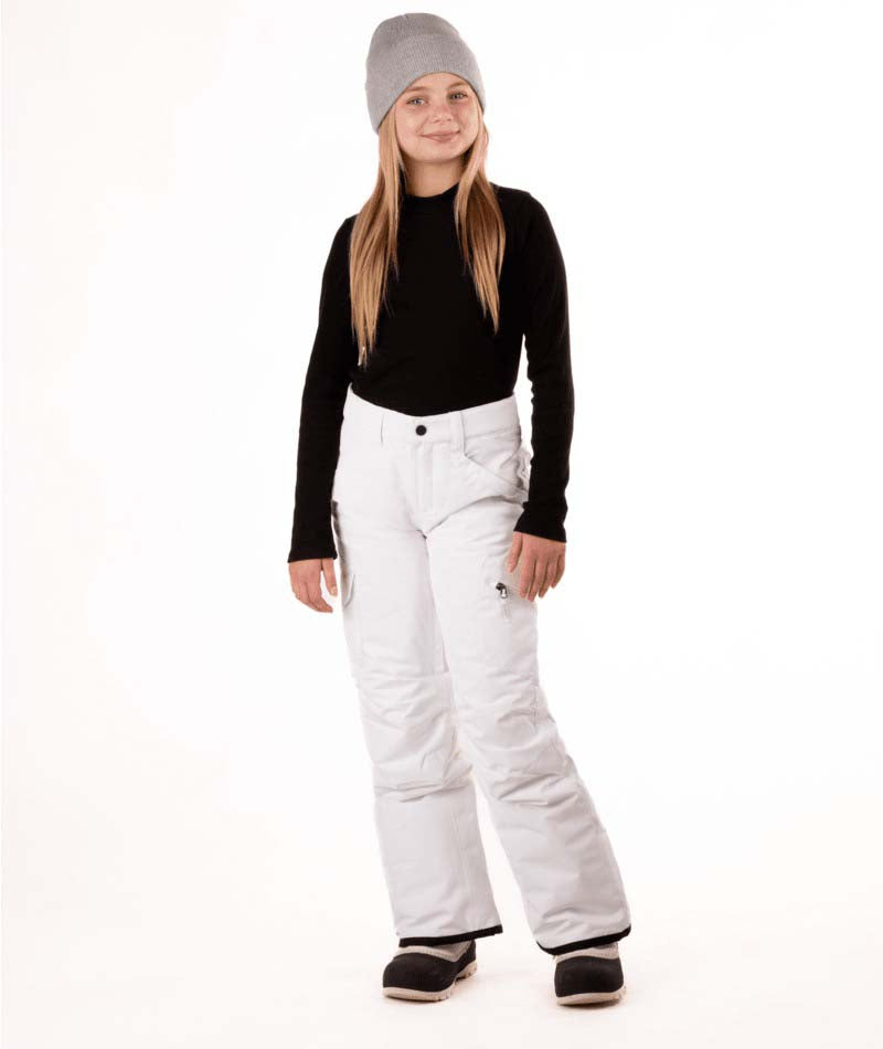 YouthGirlsRavishPant-Person wearing a black top, white pants, and gray beanie on a white background