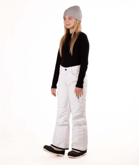 YouthGirlsRavishPant-Person wearing a black top, white pants, and gray beanie on a white background