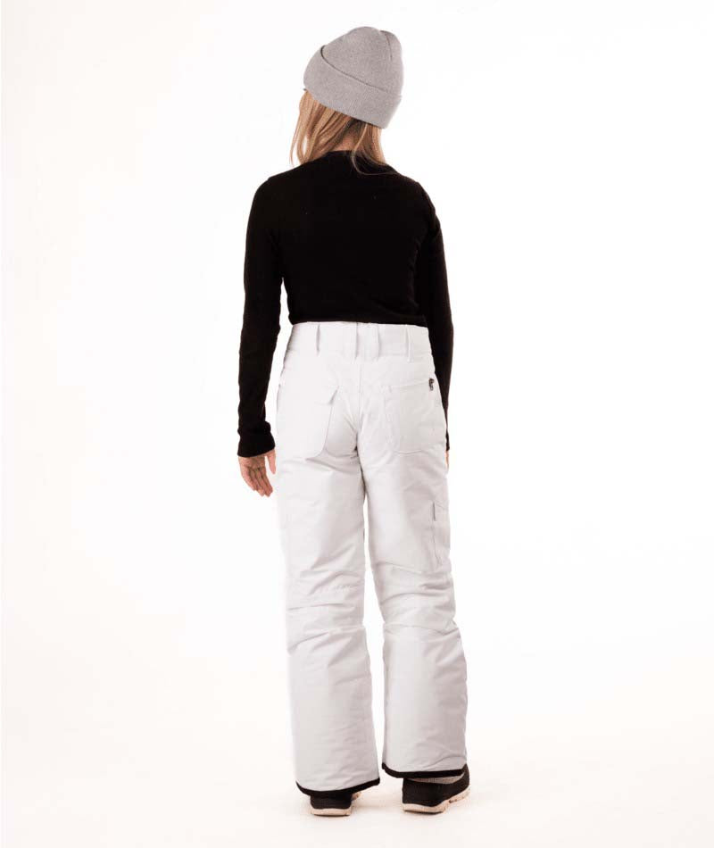 YouthGirlsRavishPant-Person wearing a black top, white pants, and gray beanie on a white background