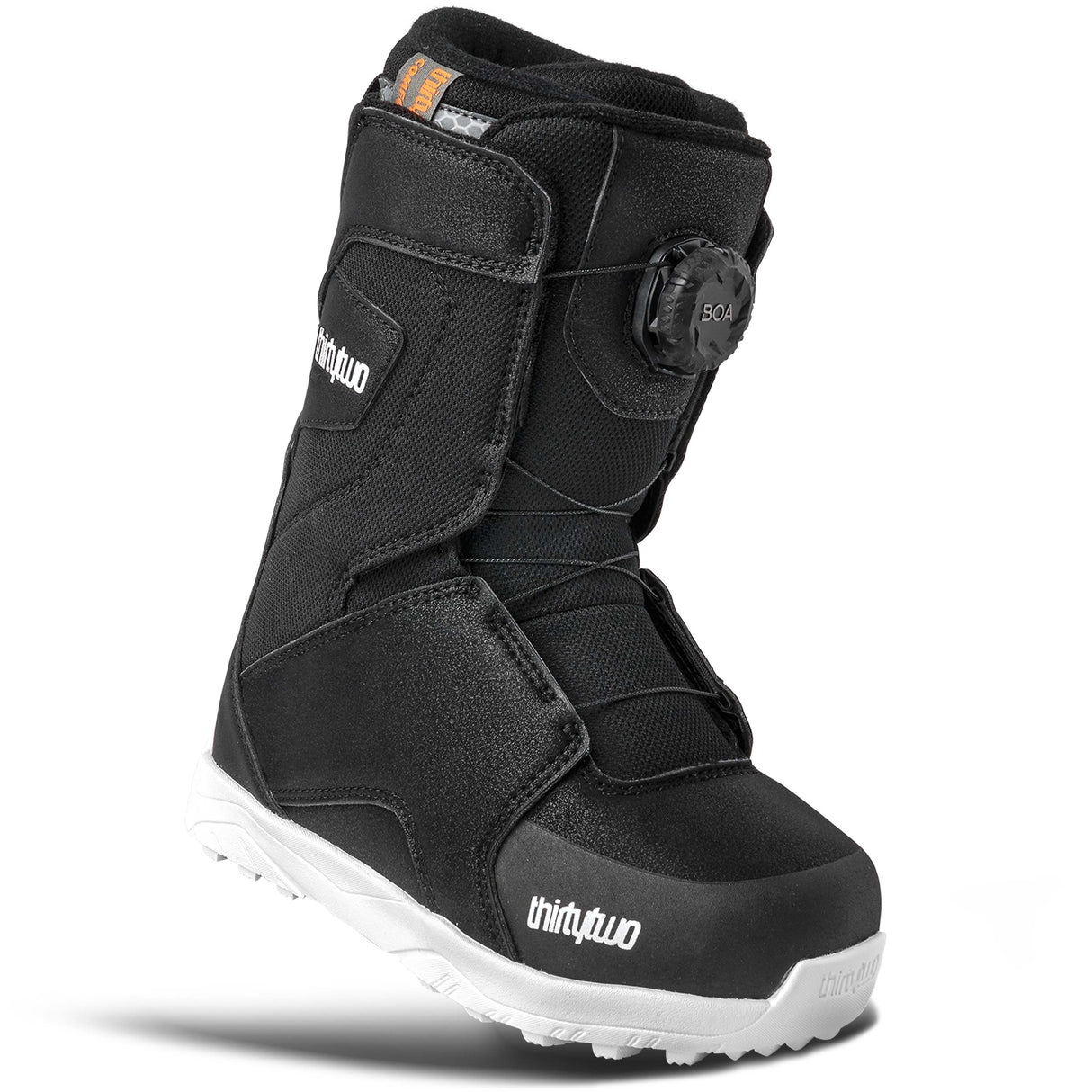YouthLashedBoa-Black snowboard boot with white sole on a white background