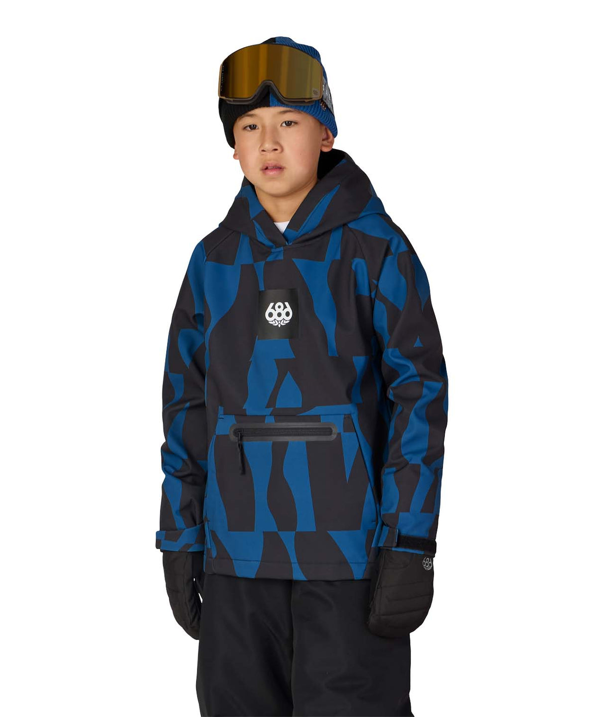 YouthWaterproofHoody-Child wearing a blue and black patterned jacket with goggles on a white background