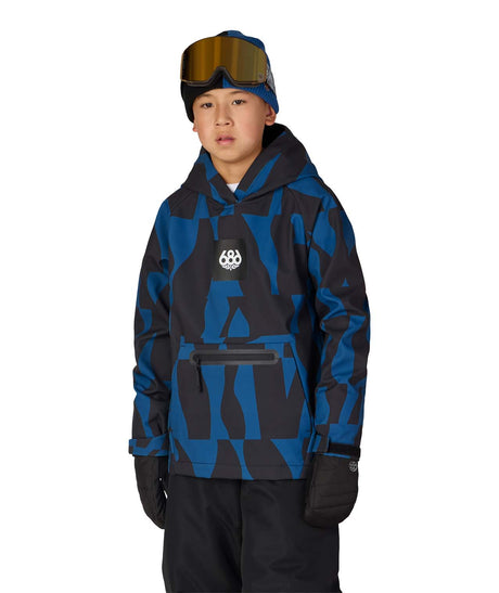 YouthWaterproofHoody-Child wearing a blue and black patterned jacket with goggles on a white background
