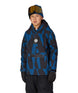 YouthWaterproofHoody-Child wearing a blue and black patterned jacket with goggles on a white background
