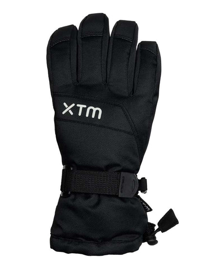 ZoomGlove-A single black winter glove with a white 'XTM' logo on the back of the hand, featuring a wrist strap and hook-and-loop closure, shown against a plain white background.