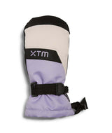 ZoomMitt-A single XTM insulated snow glove in a color-blocked design of black, off-white, and light purple, featuring a black adjustable wrist strap with a plastic buckle.