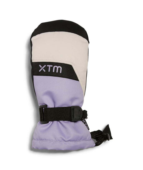 ZoomMitt-A single XTM insulated snow glove in a color-blocked design of black, off-white, and light purple, featuring a black adjustable wrist strap with a plastic buckle.