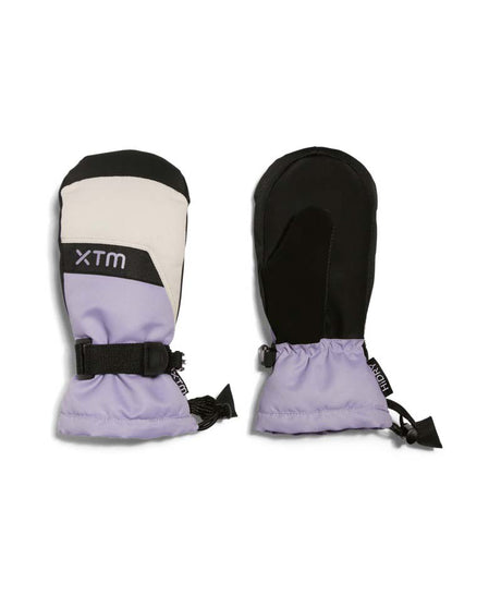 ZoomMitt-A pair of XTM mid-isolation winter gloves shown side-by-side against a plain white background. One glove displays the back view with a color-blocked design of black, off-white, and light purple, featuring a black strap with a silver buckle.