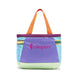 allpa-30l-gear-hauler-A colorful Cotopaxi tote bag with a purple front panel, light blue sides, a mint green bottom, and orange handles, shown on a white background.