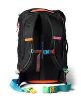 allpa-35l-travel-pack-A black Cotopaxi backpack with a pink llama logo on the front, accented with bright blue, purple, and multicolor zipper details, shown on a white background.