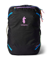 allpa-35l-travel-pack-A black Cotopaxi backpack with a pink llama logo on the front, accented with bright blue, purple, and multicolor zipper details, shown on a white background.