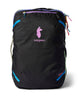 allpa-35l-travel-pack-A black Cotopaxi backpack with a pink llama logo on the front, accented with bright blue, purple, and multicolor zipper details, shown on a white background.