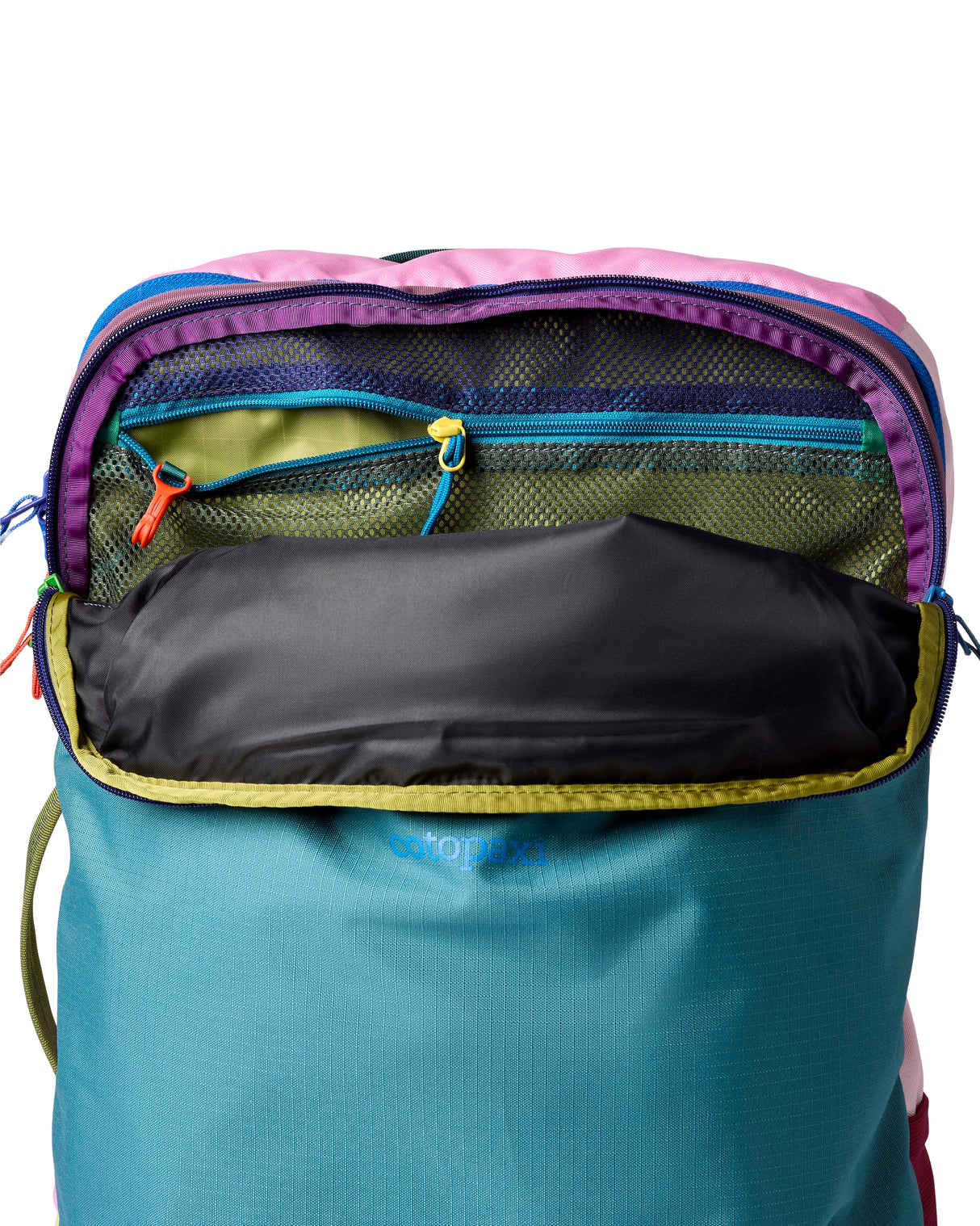 allpa-42l-travel-pack-A Cotopaxi backpack in teal blue with pink and purple accents, featuring a light blue cat logo and the brand name on the front, set against a plain white background.