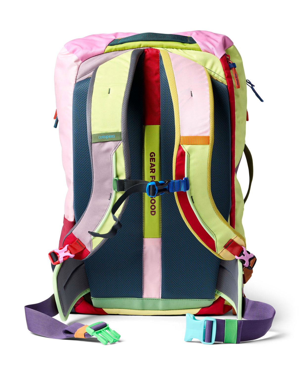 allpa-42l-travel-pack-A Cotopaxi backpack in teal blue with pink and purple accents, featuring a light blue cat logo and the brand name on the front, set against a plain white background.