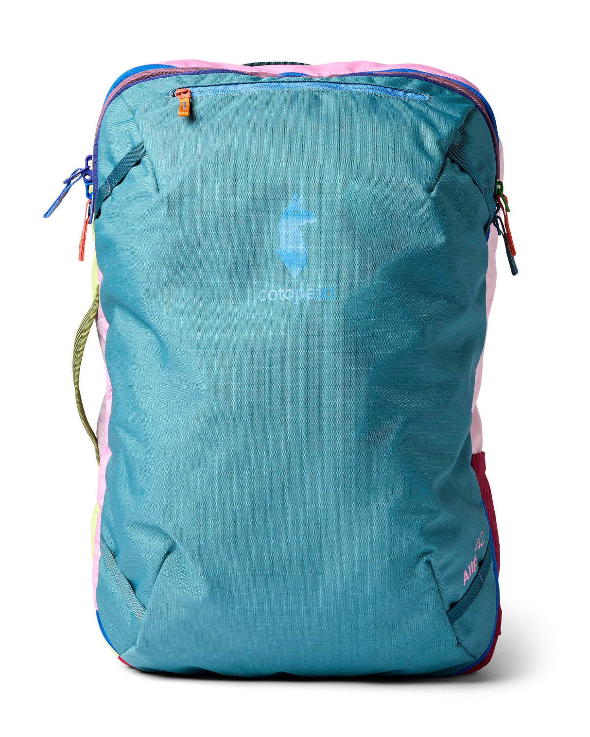 allpa-42l-travel-pack-A Cotopaxi backpack in teal blue with pink and purple accents, featuring a light blue cat logo and the brand name on the front, set against a plain white background.