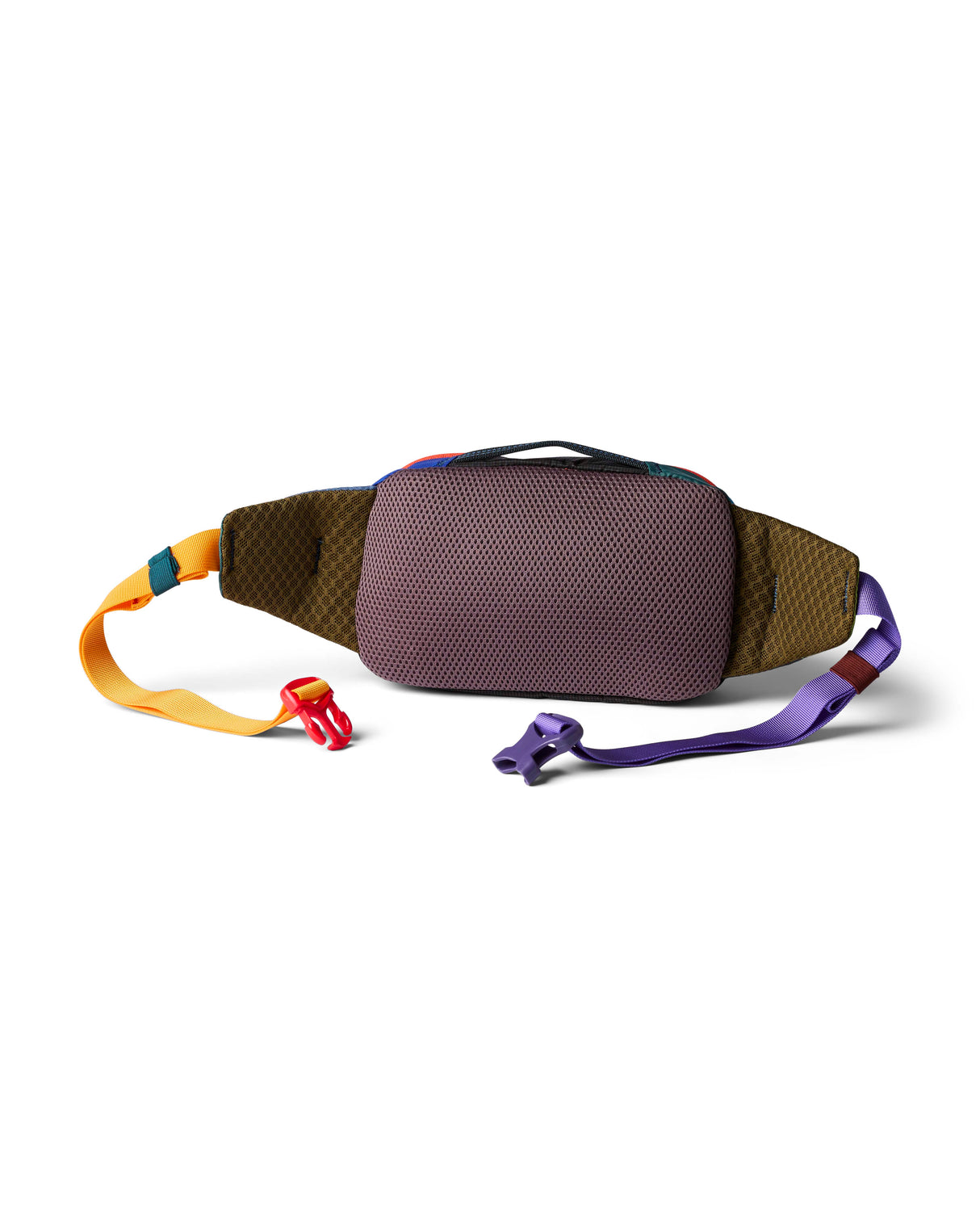 allpa-x-1-5l-hip-pack- A multicolor waist bag with a prominent orange front pocket, dark navy sides, and a patterned strap featuring green, purple, and orange sections, shown on a white background with a soft shadow.