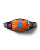 allpa-x-1-5l-hip-pack- A multicolor waist bag with a prominent orange front pocket, dark navy sides, and a patterned strap featuring green, purple, and orange sections, shown on a white background with a soft shadow.