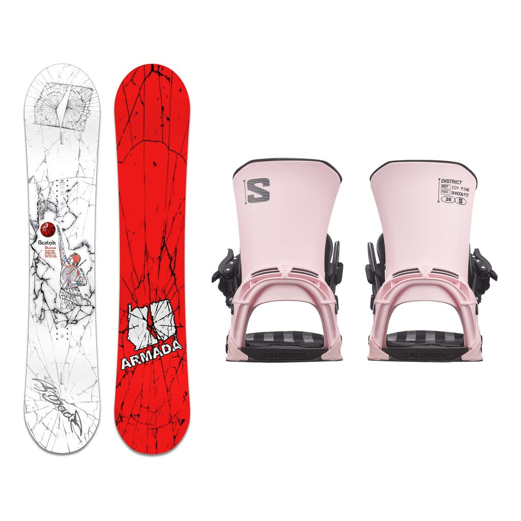 Armada Beatnik Mens Snowboard 2027 with District Bindings Snowboard Package - Icy Pink
