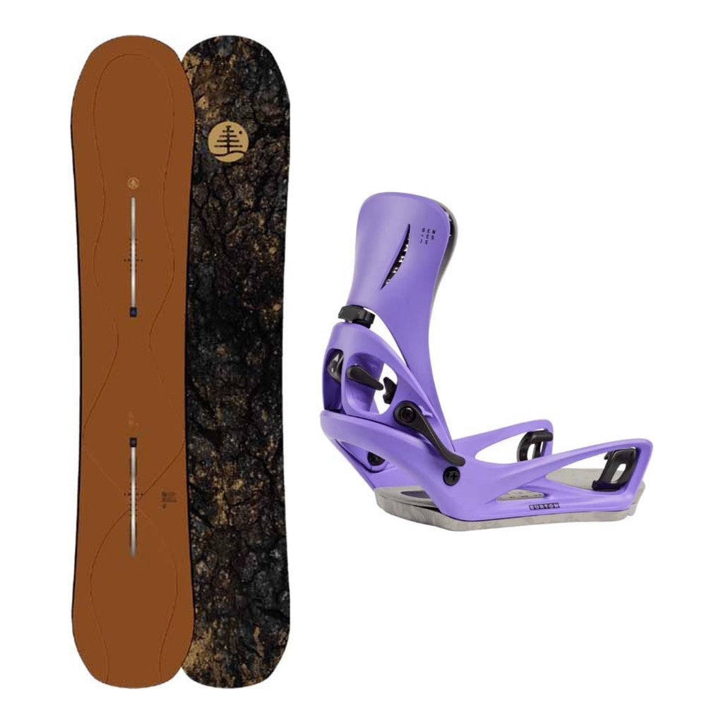 Burton Family Tree Time Thief Adult Snowboard with Step On Genesis Re:Flex Bindings Snowboard Package - Purple Voltage